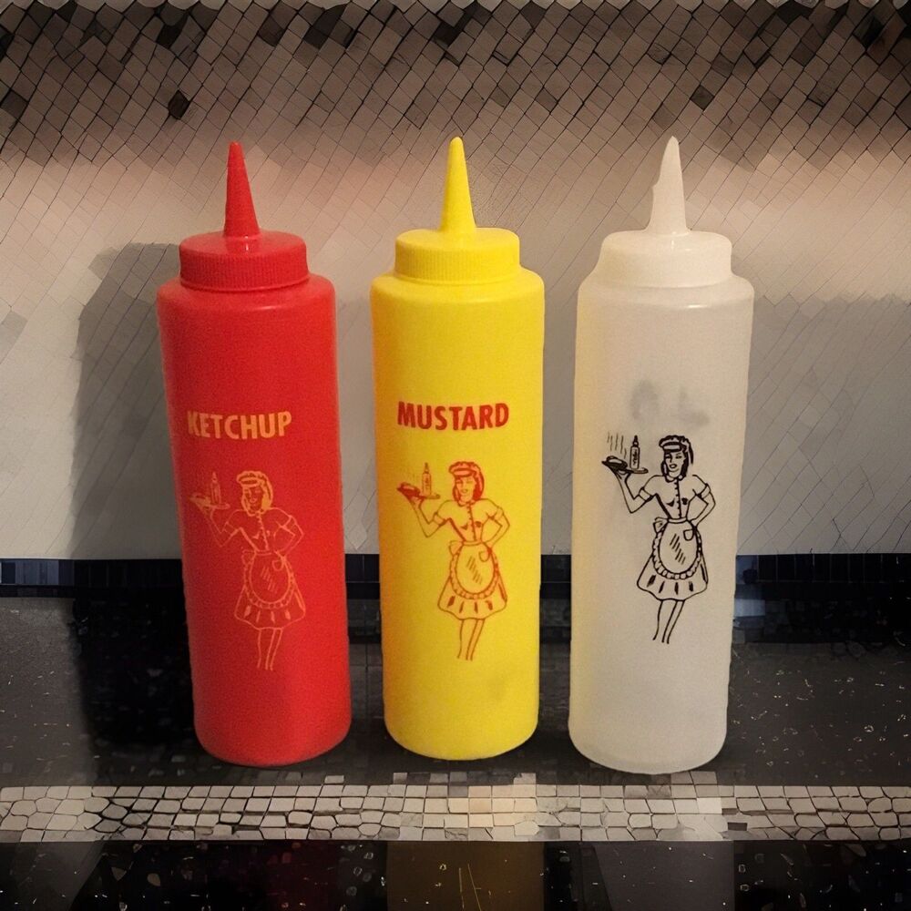 VTG 3PC Set TableCraft Diner-Themed Condiments Squeeze Bottles Plastic USA NEW